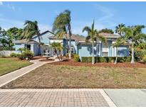 Charming home featuring lush landscaping, mature palm trees, and a welcoming brick pathway to the entrance at 4419 Swift Cir, Valrico, FL 33596