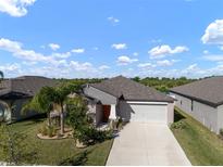 Charming single-story home showcasing a well-manicured lawn, palm trees and a two-car garage at 5425 Rainwood Meadows Dr, Apollo Beach, FL 33572