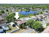Aerial view of the beautiful home, pool, deck, and picturesque pond at 10404 Crestfield Dr, Riverview, FL 33569