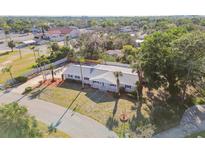 Expansive aerial view of a single-story home surrounded by palm trees and lush landscaping at 6235 Viola Ln, New Port Richey, FL 34653