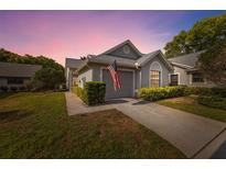 Charming home with a well-maintained lawn and an American flag hanging over the garage door at 3254 Lori Ln, New Port Richey, FL 34655