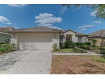 Charming single-story home featuring a two-car garage, manicured lawn, and a welcoming front entrance at 19106 Abercorn Pl, Lutz, FL 33558