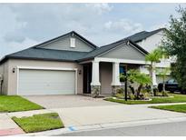 Charming single-story home featuring a two-car garage, manicured lawn, and inviting front porch with stone accents at 7336 Bagley Cove Ct, Sun City Center, FL 33573