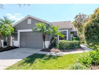 Charming single-story home with a well-manicured lawn, mature palm trees, and an attached two-car garage at 7441 Trovita Rd, Land O Lakes, FL 34637