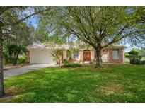 Charming single-story home boasts a well-manicured lawn and beautiful landscaping with mature trees at 18241 Autumn Lake Blvd, Hudson, FL 34667