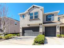 Attractive townhome featuring a two-car garage, neutral stucco, manicured landscaping, and a classic architectural design at 6827 Citrus Creek Ln, Tampa, FL 33625
