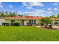Charming single-story home featuring a vibrant red tile roof, lush green lawn, and mature landscaping at 4555 Debbie Ln, Lutz, FL 33559