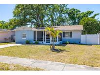 Charming single-story home with a well-maintained lawn, palm tree, and screened front porch at 8766 91St St, Seminole, FL 33777