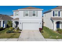 Two-story home featuring a two-car garage, neutral paint, and well-maintained landscaping at 5571 Birch River Trl, Wesley Chapel, FL 33545