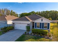 Charming single-story home features a well-manicured lawn, mature landscaping, and an attached two-car garage at 1044 Manzanar Pl, Wesley Chapel, FL 33543