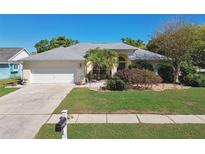 Charming single-story home with a well-manicured lawn, mature trees, and a two car garage at 15018 Greeley Dr, Tampa, FL 33625