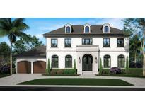 Charming two-story home showcasing a brick facade, arched windows, and a well-manicured front lawn at 3021 W Lawn Ave, Tampa, FL 33611