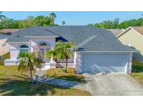Charming single-story home featuring a two-car garage, lovely landscaping, and a welcoming front entrance at 3051 Jodi Ln, Palm Harbor, FL 34684