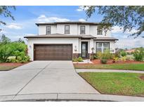 Two-story home featuring a well-manicured lawn, brown trim and garage door, and a neatly landscaped front yard at 5424 Hammock View Ln, Apollo Beach, FL 33572