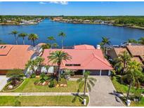 Aerial view of a home with a red tile roof on a waterfront lot with palm trees and a large boat dock at 9807 Bay Island Dr, Tampa, FL 33615