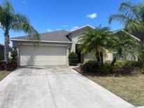 Charming single-story home with a two-car garage, lush landscaping, and mature palm trees at 4908 Babbling Brook Ln, Wimauma, FL 33598