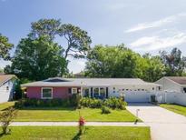 Charming single-story home featuring colorful exterior, lush landscaping, and a two-car garage at 2087 59Th N St, Clearwater, FL 33760