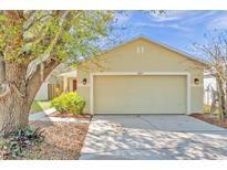Inviting single Gathering home featuring a well-manicured lawn, mature landscaping, and a two-car garage at 11817 Mango Cross Ct, Seffner, FL 33584