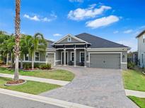 Beautifully landscaped single Gathering home featuring a brick driveway and meticulously maintained lawn at 11851 Lake Lucaya Dr, Riverview, FL 33579