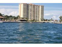 An expansive waterfront view of a high rise condo building with views of the water, docks, and tropical landscaping at 4900 Brittany S Dr # 1706, St Petersburg, FL 33715