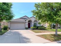 Charming single-story home with a well-manicured lawn and a welcoming facade at 12310 Streambed Dr, Riverview, FL 33579