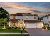 Beautiful two-story home with a three-car garage, brick driveway, and manicured lawn at 13008 Eagles Entry Dr, Odessa, FL 33556
