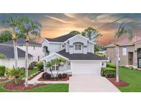 Beautiful two-story home featuring a well-manicured lawn, two-car garage, and elegant landscaping including mature palm trees at 5403 Avenal Dr, Lutz, FL 33558