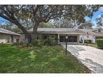 Charming single-story home with mature tree providing shade in the front yard and two-car garage at 6375 Ocean Pines Ln, Spring Hill, FL 34606