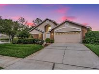 Charming single-Gathering home boasts a manicured lawn, lovely landscaping, and a two-car garage at 9008 Quail Creek Dr, Tampa, FL 33647