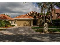 Charming single-story home with a well-maintained lawn and a tiled roof and brick paver driveway at 18919 Place Marquette, Lutz, FL 33558