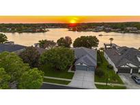 Stunning aerial view of lakeside property at sunset with mature trees and a two-car garage at 3829 Eagleflight Ln, Land O Lakes, FL 34639