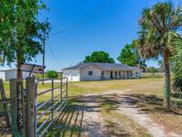 Inviting exterior view of this ranch-style home with a long porch, two-car garage, and ample yard space at 14655 Joe Sumner Rd, Wimauma, FL 33598