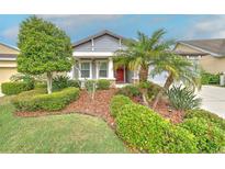 Charming single-story home featuring a well-manicured lawn and a red front door at 6303 Hawk Grove Ct, Wesley Chapel, FL 33545