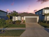 Charming single-story home featuring a two-car garage, a well-manicured lawn, and tropical landscaping at 11422 Calusa Trails Way, Riverview, FL 33569