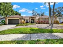 Charming one-story brick home featuring an attached garage, mature trees, and lush landscaping with a stone walkway at 1807 Tawnee Pl, Brandon, FL 33510