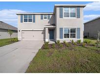 Charming two-story home featuring blue shutters, a well-manicured lawn, and an attached two-car garage at 4114 Dovetail Ln, Palmetto, FL 34221