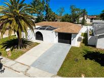 Charming home featuring an arched entrance, two-car garage, and a well-maintained lawn with a mature palm tree at 6311 Seabreeze Dr, Port Richey, FL 34668