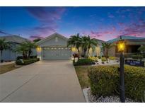 Charming single-story home with a well-manicured lawn, mature palm trees, and a welcoming two-car garage at 1102 Emerald Dunes Dr, Sun City Center, FL 33573