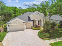Beautiful home with a three-car garage, brick paved driveway, and meticulously maintained landscaping at 1655 Eagles Reach, Tarpon Springs, FL 34688