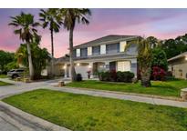 Charming two-story home featuring a three-car garage, landscaped yard, and palm trees against a picturesque sky at 12525 Sparkleberry Rd, Tampa, FL 33626