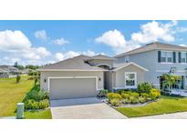 Well-manicured front exterior with neutral color palette, charming landscaping, and inviting curb appeal at 16633 Mooner Plank Cir, Wimauma, FL 33598