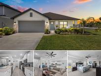 Beautiful single-story home with a well-manicured lawn and a two-car garage, captured at sunset at 5938 164Th E Ave, Parrish, FL 34219