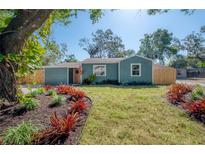 Charming single-story home with a manicured lawn and vibrant red landscaping, creating a welcoming curb appeal at 7311 N Dartmouth Ave, Tampa, FL 33604