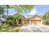 Charming home with a well-manicured lawn, mature trees, and a spacious driveway leading to a three-car garage at 8376 Golden Prairie Dr, Tampa, FL 33647