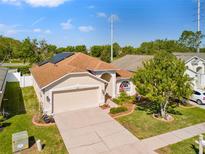 Well-maintained single-Gathering home with a two-car garage, lush lawn, and beautiful landscaping at 4247 Balmoral Ct, Wesley Chapel, FL 33543