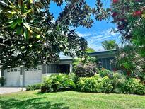 Charming single-story home featuring a lush front yard with mature trees and a well-maintained lawn at 1345 S Evergreen Ave, Clearwater, FL 33756