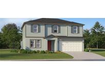 Charming two-story home featuring a red front door, light blue siding and an attached two car garage at 5656 Red Kite Dr, Wimauma, FL 33598