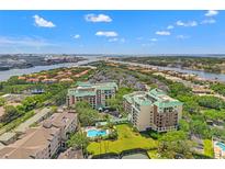 Stunning aerial view of the community with lush landscaping, pool, and waterfront views at 1002 S Harbour Island Blvd # 1312, Tampa, FL 33602