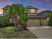 Two-story home features a three-car garage, and lush landscaping with several palm trees at 11308 Callaway Pond Dr, Riverview, FL 33579