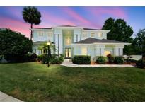 Inviting two-story home showcasing lush landscaping, manicured lawn, and soft color palette at sunset at 13310 Waterford Run Dr, Riverview, FL 33569